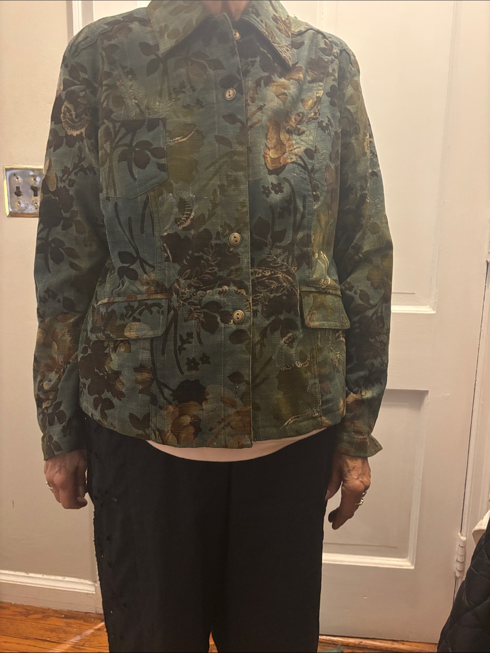 Floral Green/Brown Button-Front Women's Jean Jacket S/M
